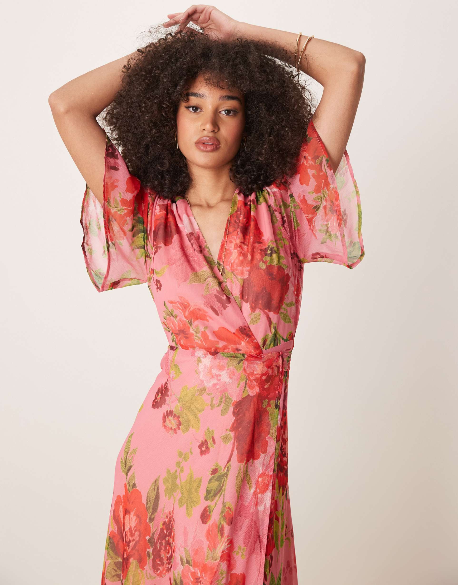 hope & ivy flutter sleeve maxi wrap dress with tie waist in red multi