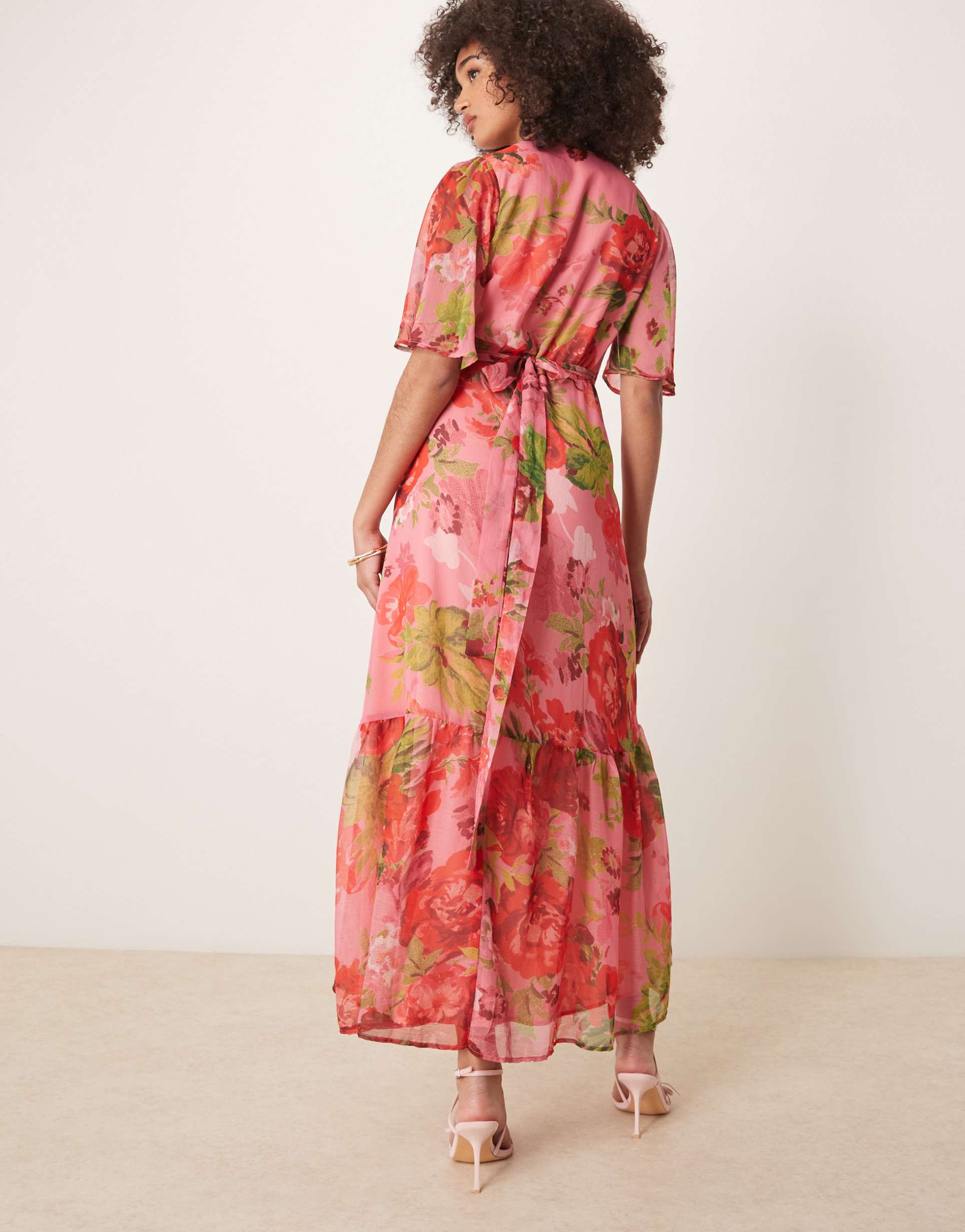 hope & ivy flutter sleeve maxi wrap dress with tie waist in red multi