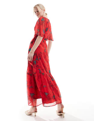 hope & ivy flutter sleeve maxi wrap dress with tie waist in red print
