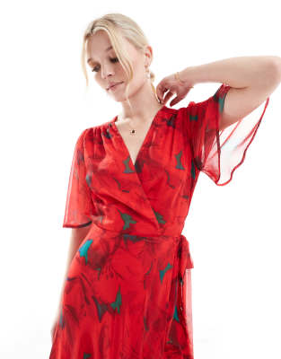 hope & ivy flutter sleeve maxi wrap dress with tie waist in red print