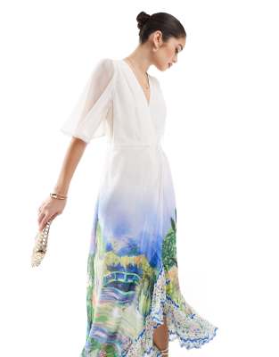 Hope & Ivy Flutter Sleeve Maxi Wrap Dress With Tie Waist In White