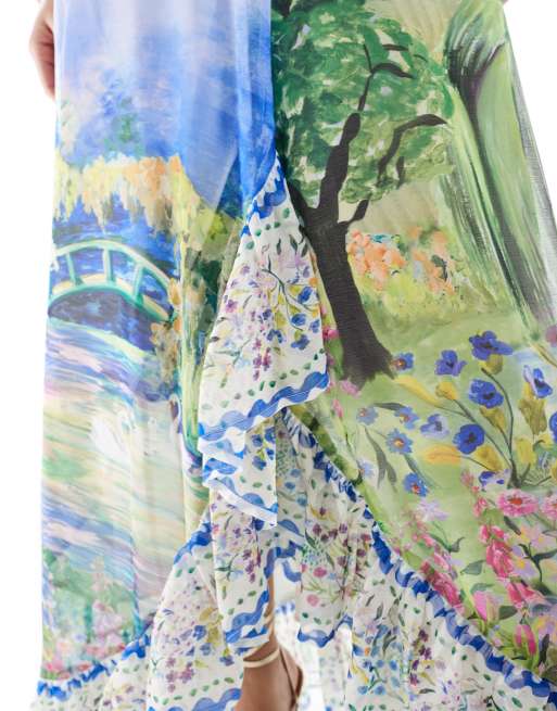 Hope & Ivy flutter sleeve maxi wrap dress with tie waist in white scenic print, 3 of 4