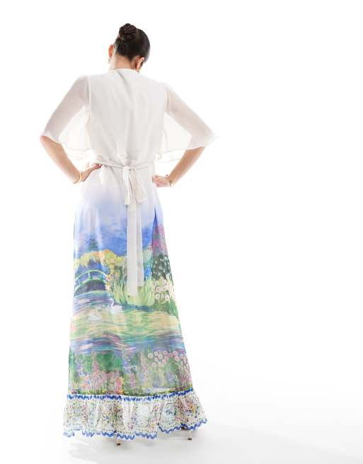 Hope & Ivy flutter sleeve maxi wrap dress with tie waist in white scenic print, 4 of 4