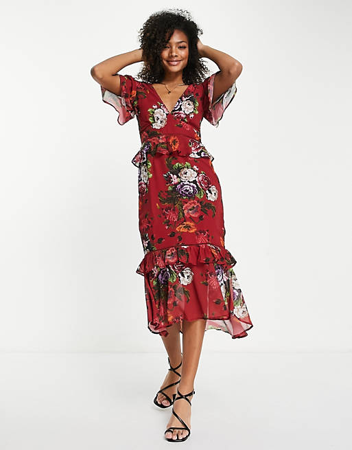 Hope & Ivy flutter sleeve midi tea dress in mixed floral