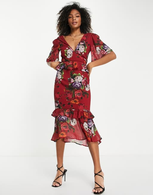 Hope & Ivy flutter sleeve midi tea dress in mixed floral, 3 of 4
