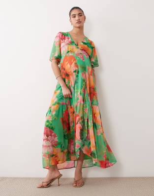 Hope & Ivy Maternity Hope & Ivy Flutter Sleeve Tie Waist Maxi Wrap Dress In Multi