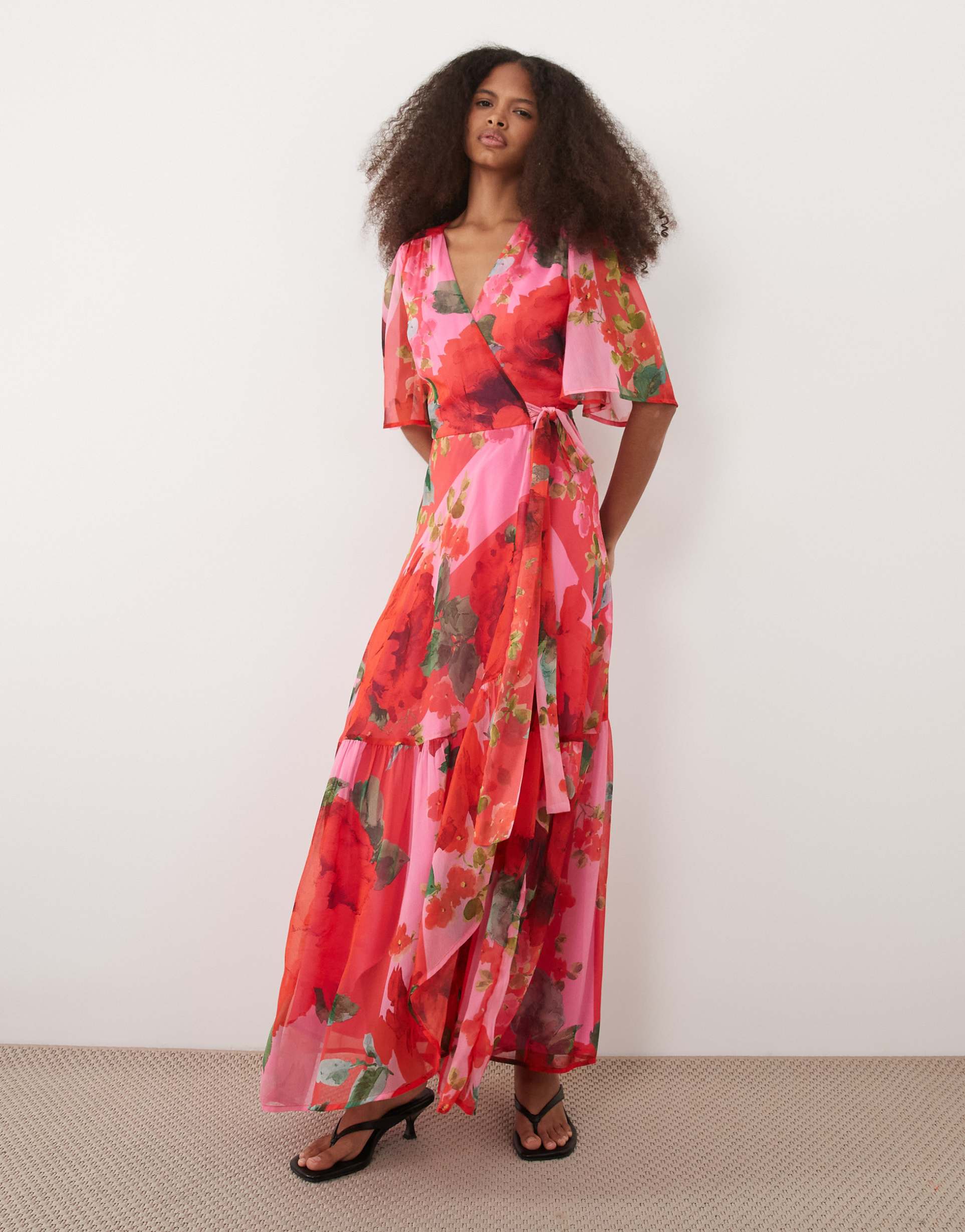 hope & ivy flutter sleeve tie waist maxi wrap dress in pink and red floral