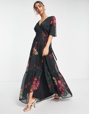 Hope & Ivy flutter sleeve wrap maxi dress in black and pink floral