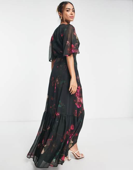 Hope & Ivy flutter sleeve wrap maxi dress in black and pink floral | ASOS