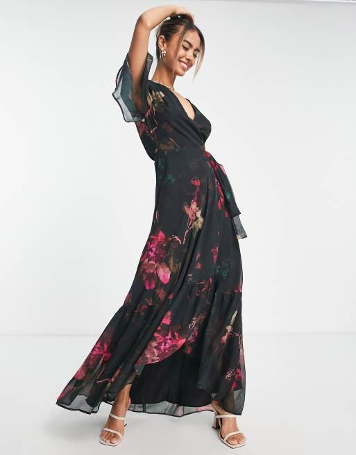 Hope & Ivy flutter sleeve wrap maxi dress in black and pink floral