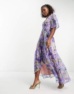 Hope & Ivy Flutter Sleeve Wrap Maxi Dress In Blue Floral