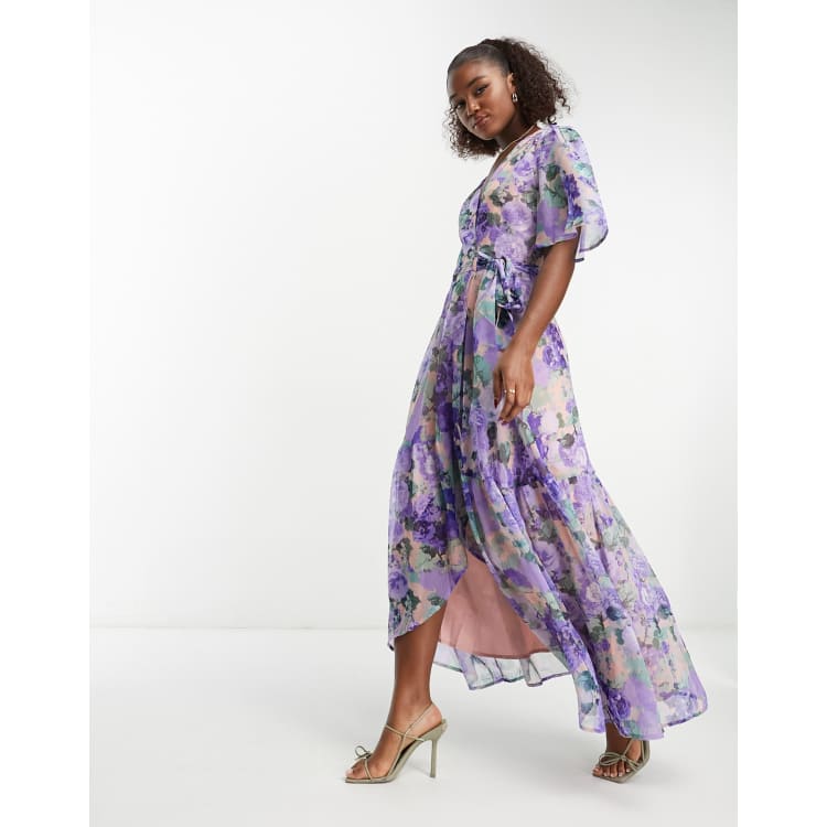 Hope & Ivy flutter sleeve wrap maxi dress in blue floral