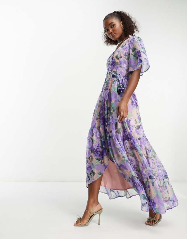 Hope & Ivy flutter sleeve wrap maxi dress in blue floral