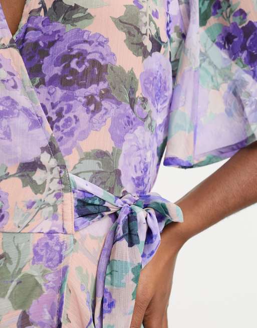 Hope & Ivy flutter sleeve wrap maxi dress in blue floral, 3 of 4