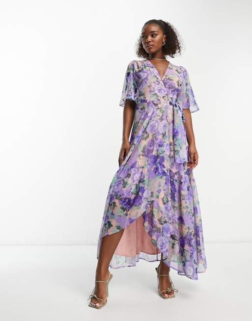 Purple floral store wrap dress