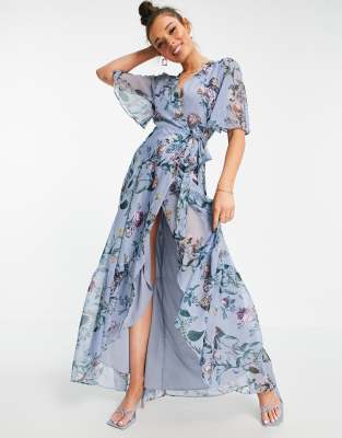 Hope & Ivy flutter sleeve wrap maxi dress in blue floral-Blues