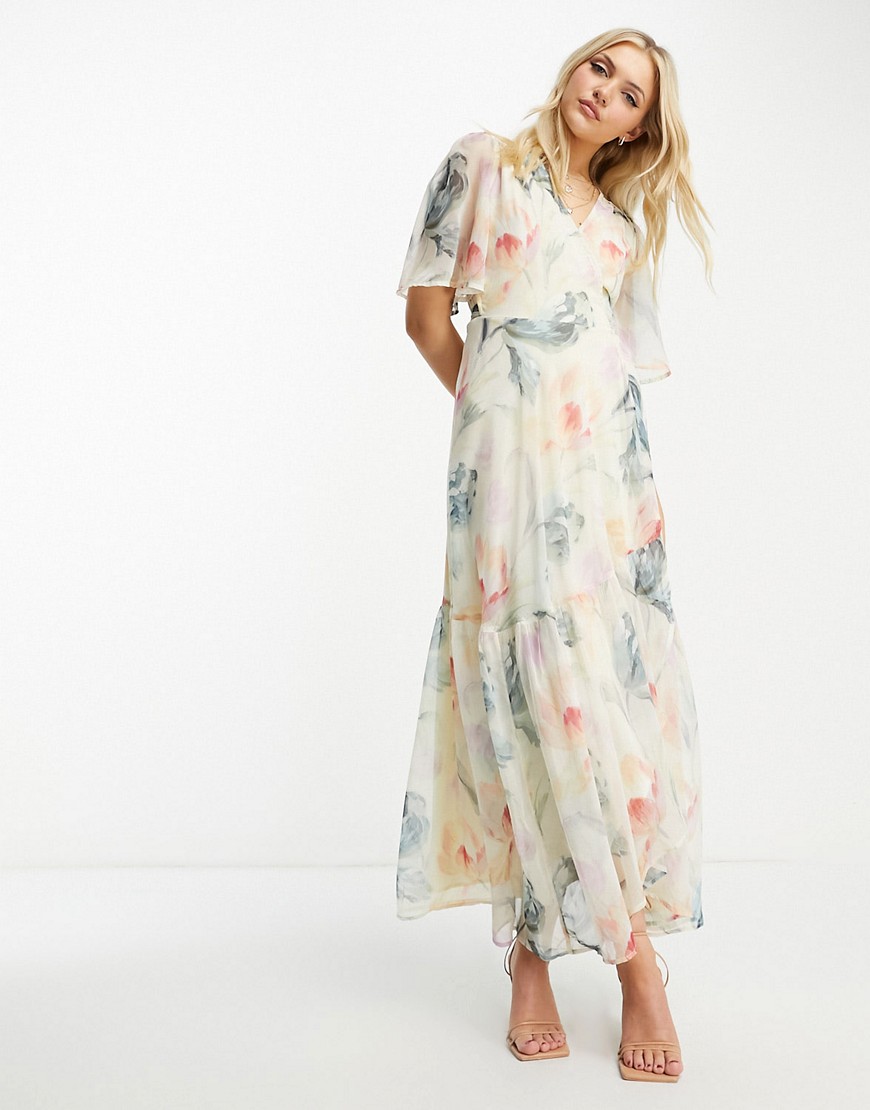 Hope & Ivy flutter sleeve wrap maxi dress in cream floral-White