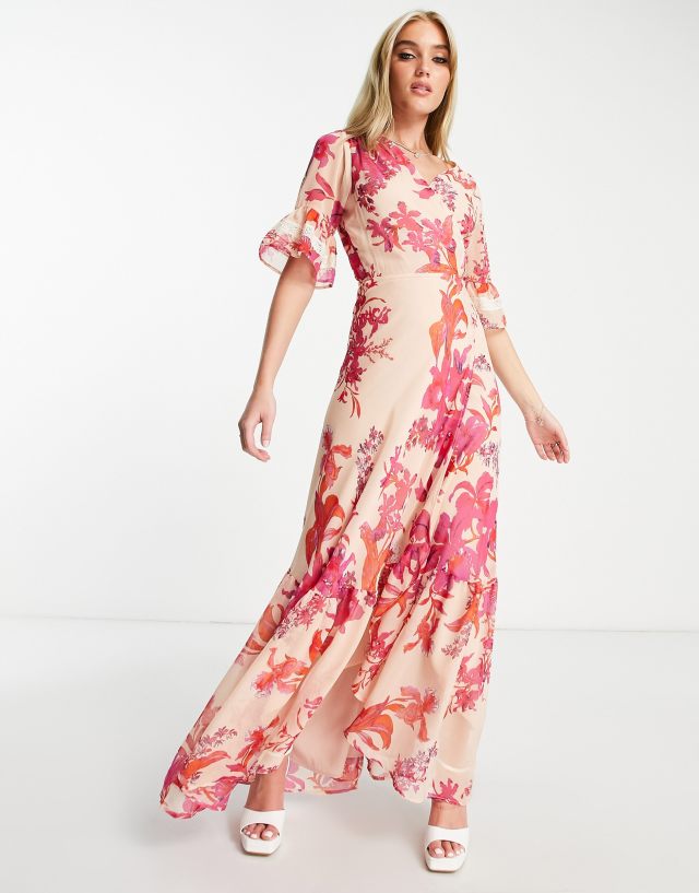 Hope & Ivy flutter sleeve wrap maxi dress in fuchsia floral