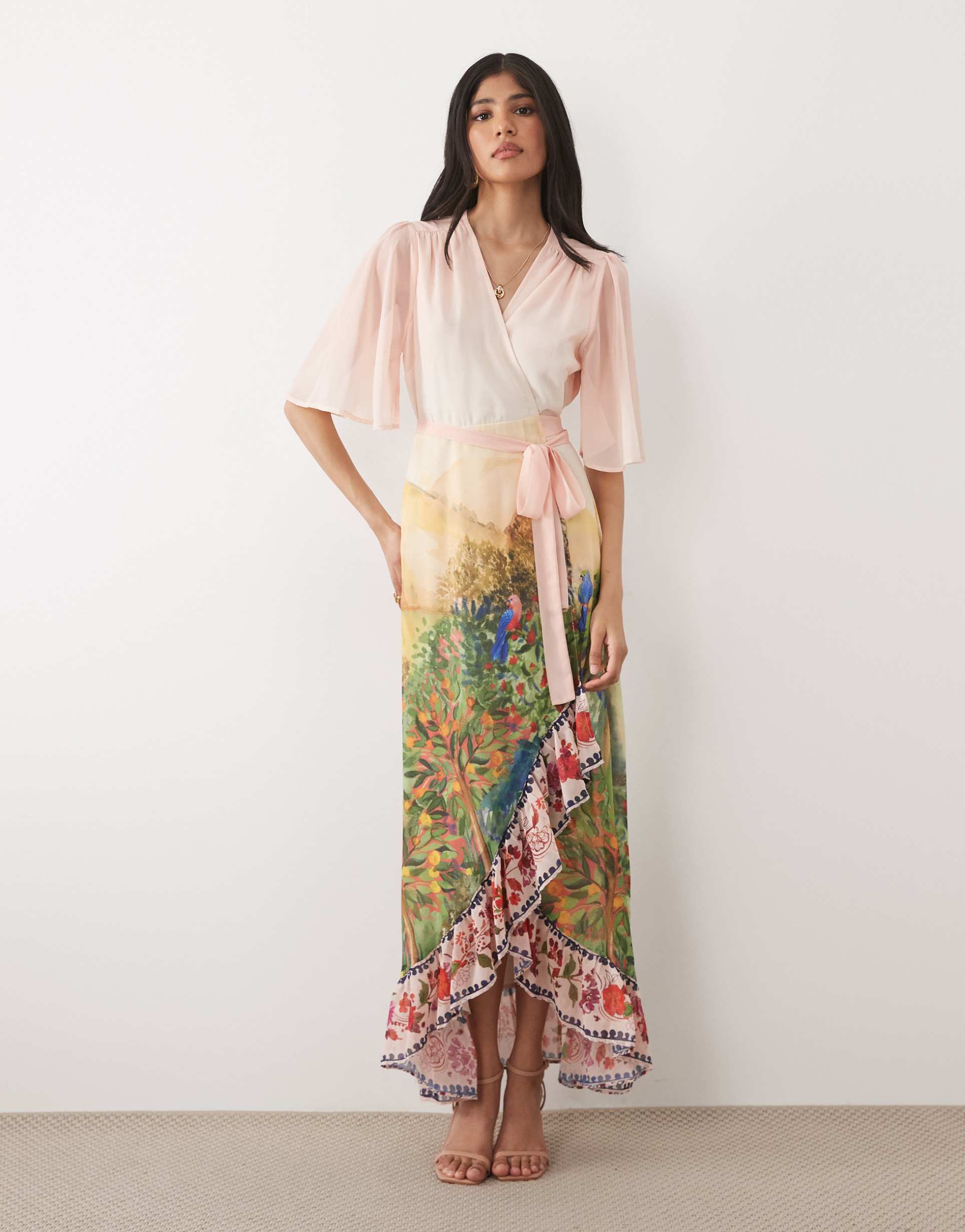 hope & ivy flutter sleeve wrap maxi dress in pink floral boarder scene