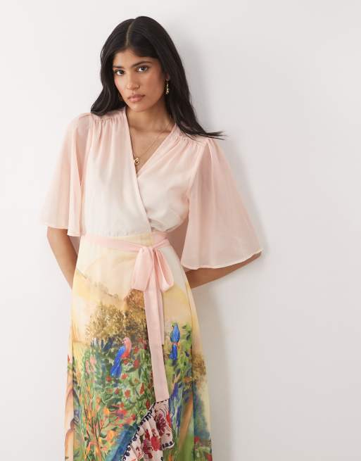 Hope & Ivy flutter sleeve wrap maxi dress in pink floral boarder scene, 2 of 4