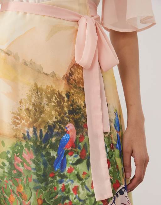 Hope & Ivy flutter sleeve wrap maxi dress in pink floral boarder scene, 3 of 4