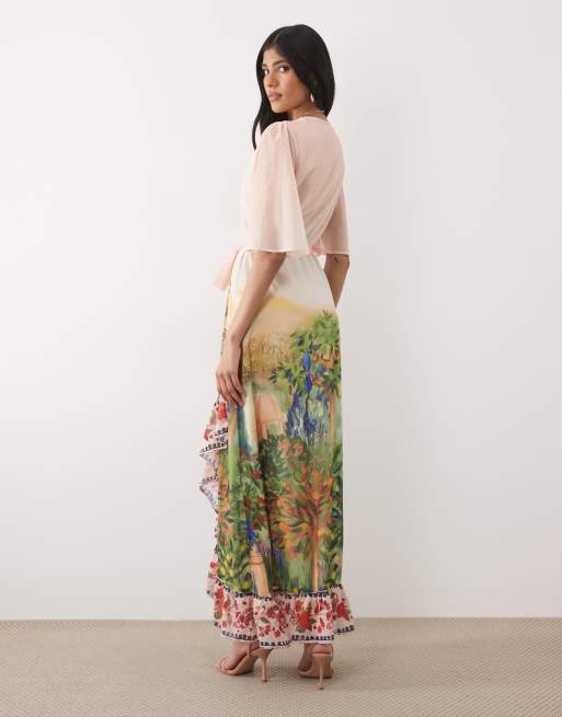 Hope & Ivy flutter sleeve wrap maxi dress in pink floral boarder scene, 4 of 4