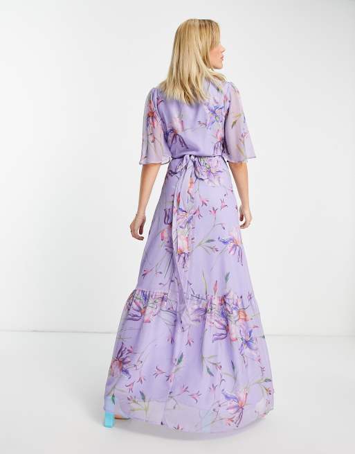 Hope & Ivy flutter sleeve wrap maxi dress in purple floral