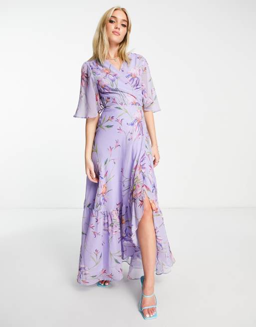 Hope & Ivy flutter sleeve wrap maxi dress in purple floral, 4 of 4