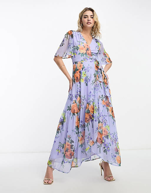 Hope & Ivy flutter sleeve wrap midaxi dress in lilac floral | ASOS