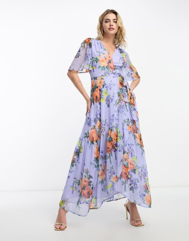 Hope & Ivy flutter sleeve wrap midaxi dress in lilac floral