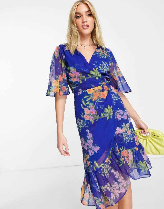 Hope & Ivy flutter sleeve wrap mini dress in cobalt floral