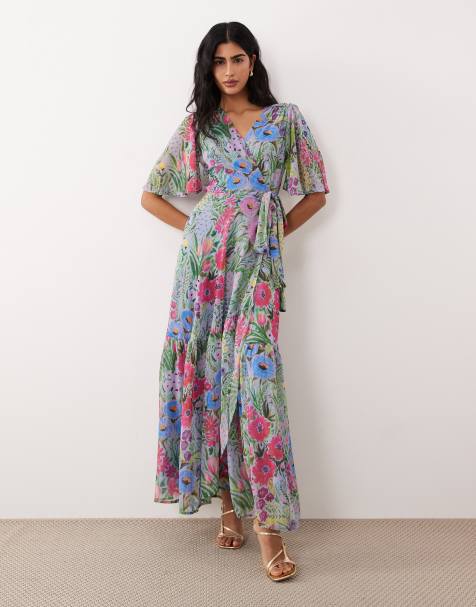 Hope & Ivy flutter sleeve wrap skirt tie waist maxi dress in lilac floral print - view 1