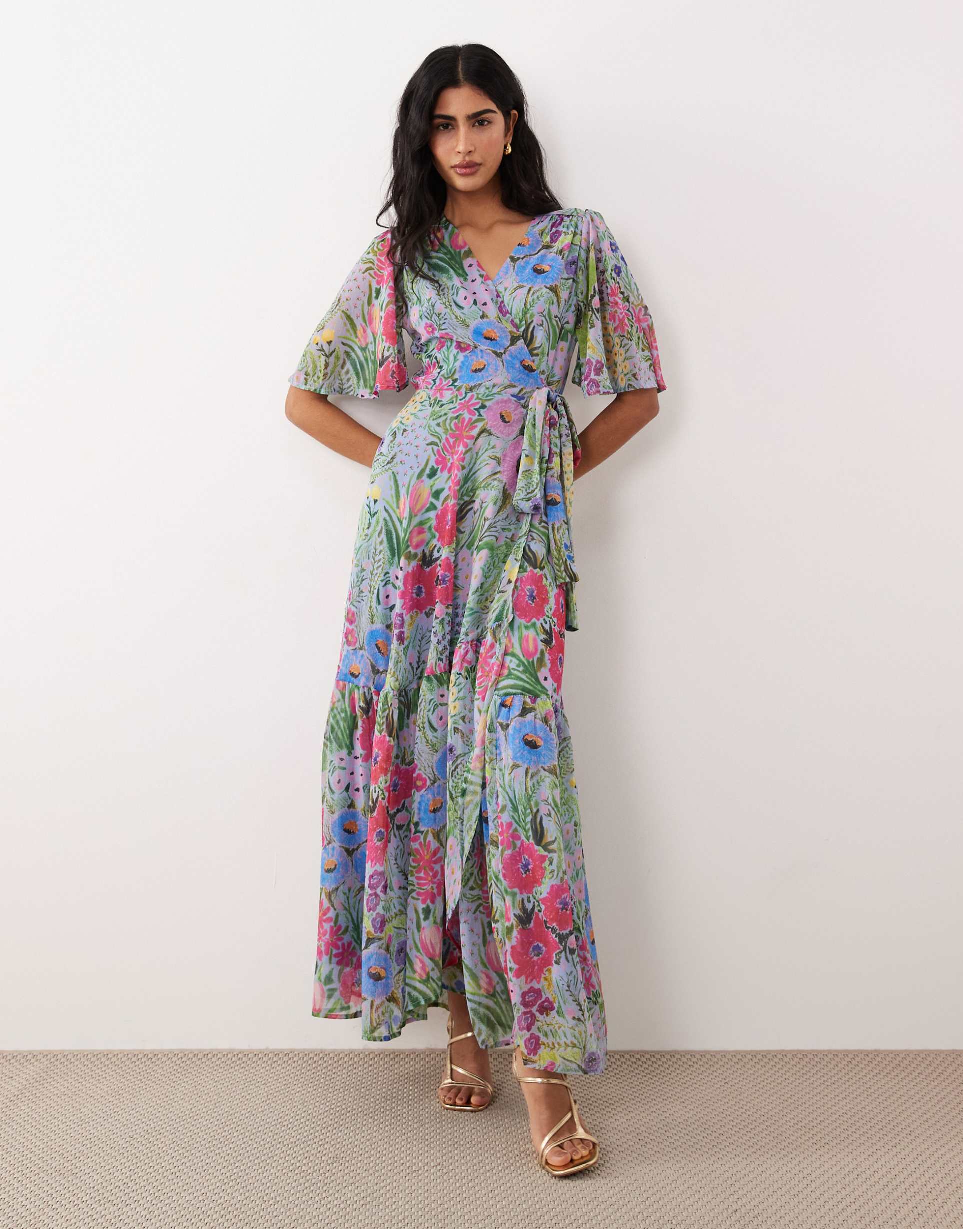 hope & ivy flutter sleeves wrap skirt tie waist maxi dress in lilac floral print