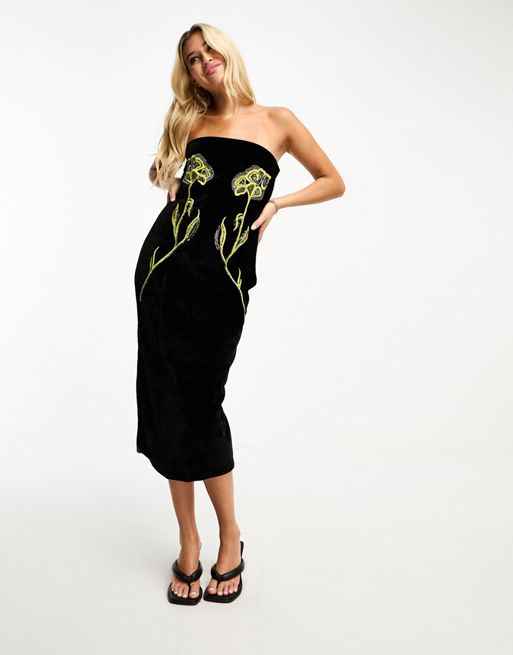 Hope & Ivy - Fluwelen midi bandeau-jurk met bloemenversiering in zwart
