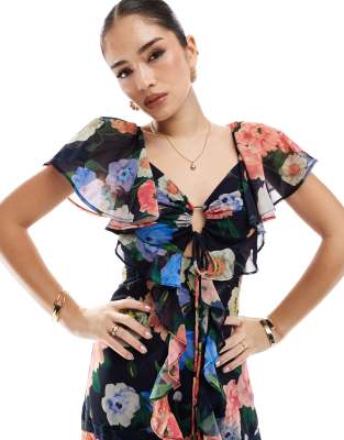Hope & Ivy Frill Maxi Dress With Lace Trims And Keyhole Detail In Navy
