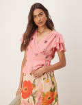 [Hope & Ivy] Hope & Ivy frill sleeve embellished wrap top in pink (part of a set) 14 Pink
