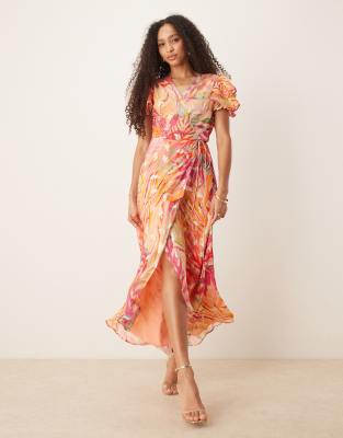 Hope & Ivy Hope & Ivy frill sleeve maxi wrap dress in coral with gold fleck-Pink