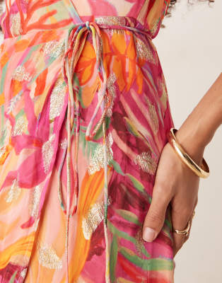 Hope & Ivy Frill Sleeve Maxi Wrap Dress In Multi