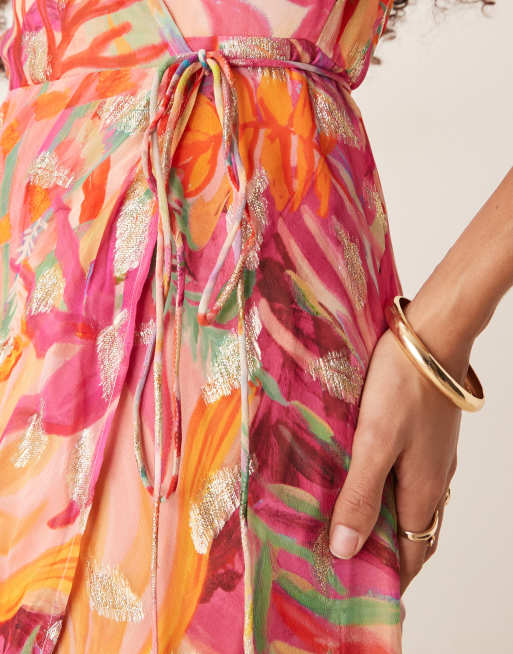 Hope & Ivy frill sleeve maxi wrap dress in coral with gold flecks, 2 of 4