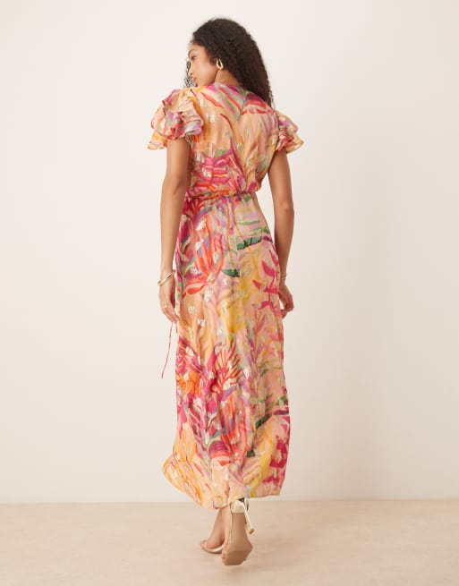 Hope & Ivy frill sleeve maxi wrap dress in coral with gold flecks, 3 of 4