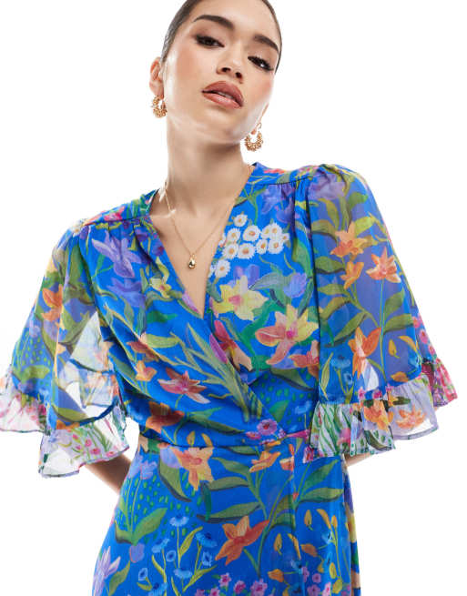 Hope & Ivy frill sleeve maxi wrap dress with tie waist in blue print | ASOS