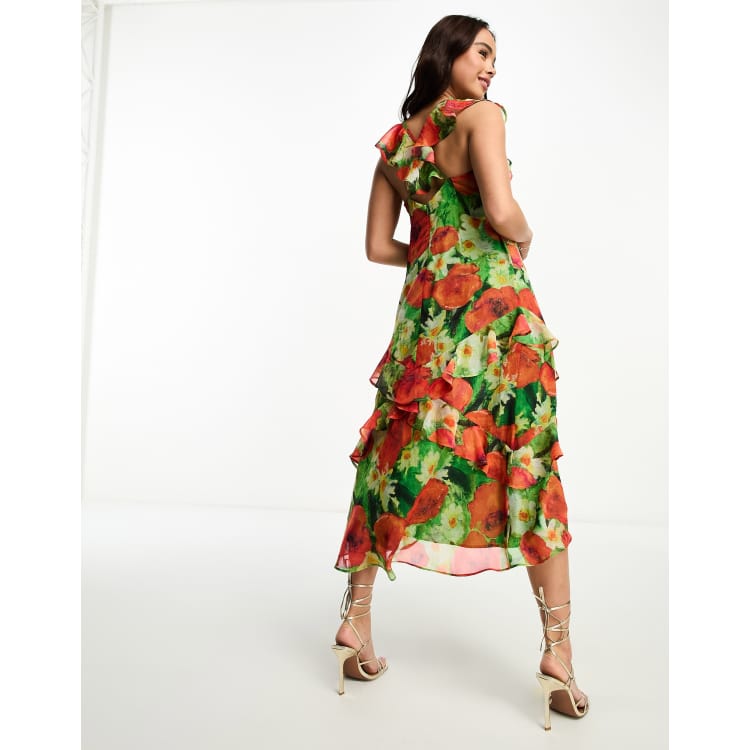 Hope & Ivy frill sleeve midaxi dress in green and red floral | ASOS