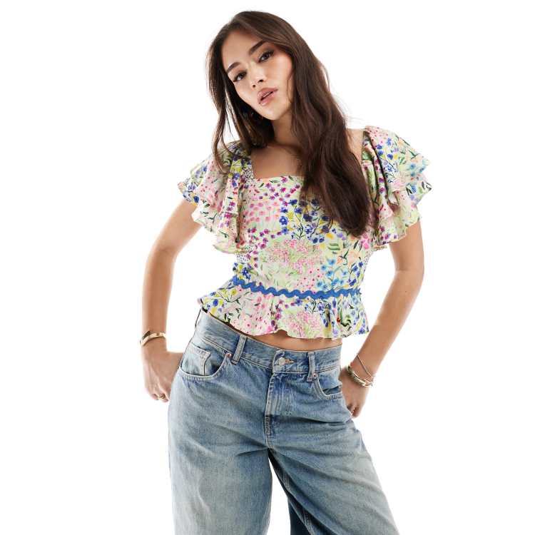 Hope & Ivy frill sleeve square neck peplum top in multi | ASOS
