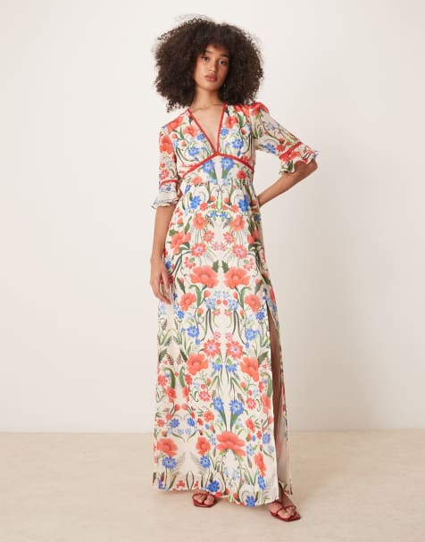 Hope & Ivy frill sleeve thigh slit open back maxi dress in red multi - view 1