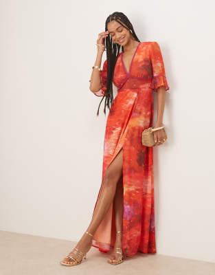 Hope & Ivy frill sleeve thigh split maxi dress with keyhole back in orange print - view 1