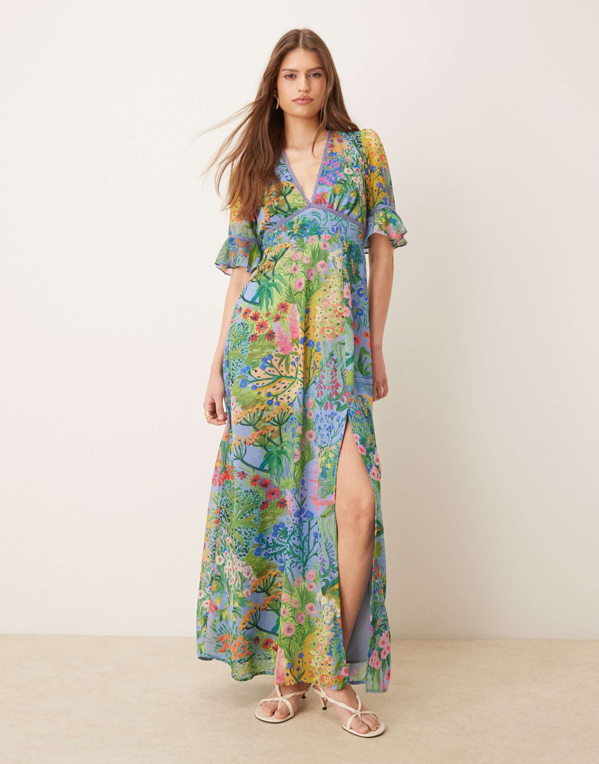 hope & ivy frill sleeve thigh split open back maxi dress in blue floral