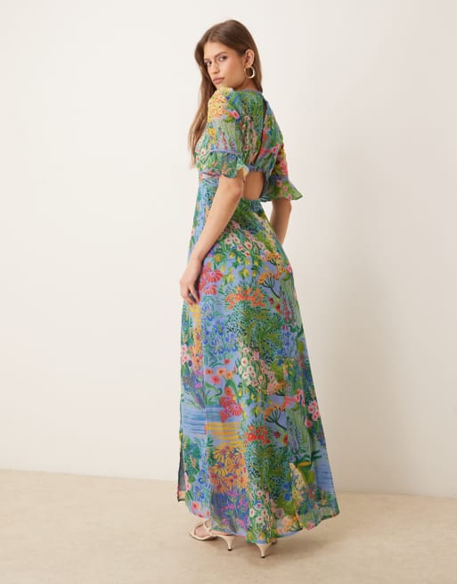Hope & Ivy frill sleeve thigh split open back maxi dress in blue floral, 2 of 4