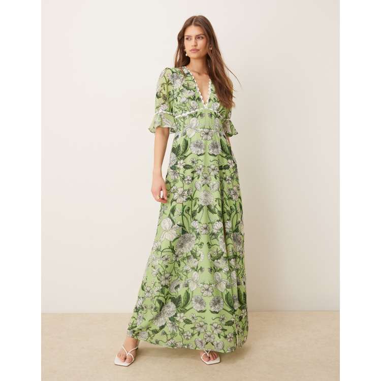 Hope & Ivy frill sleeve thigh split open back maxi dress in green floral |  ASOS
