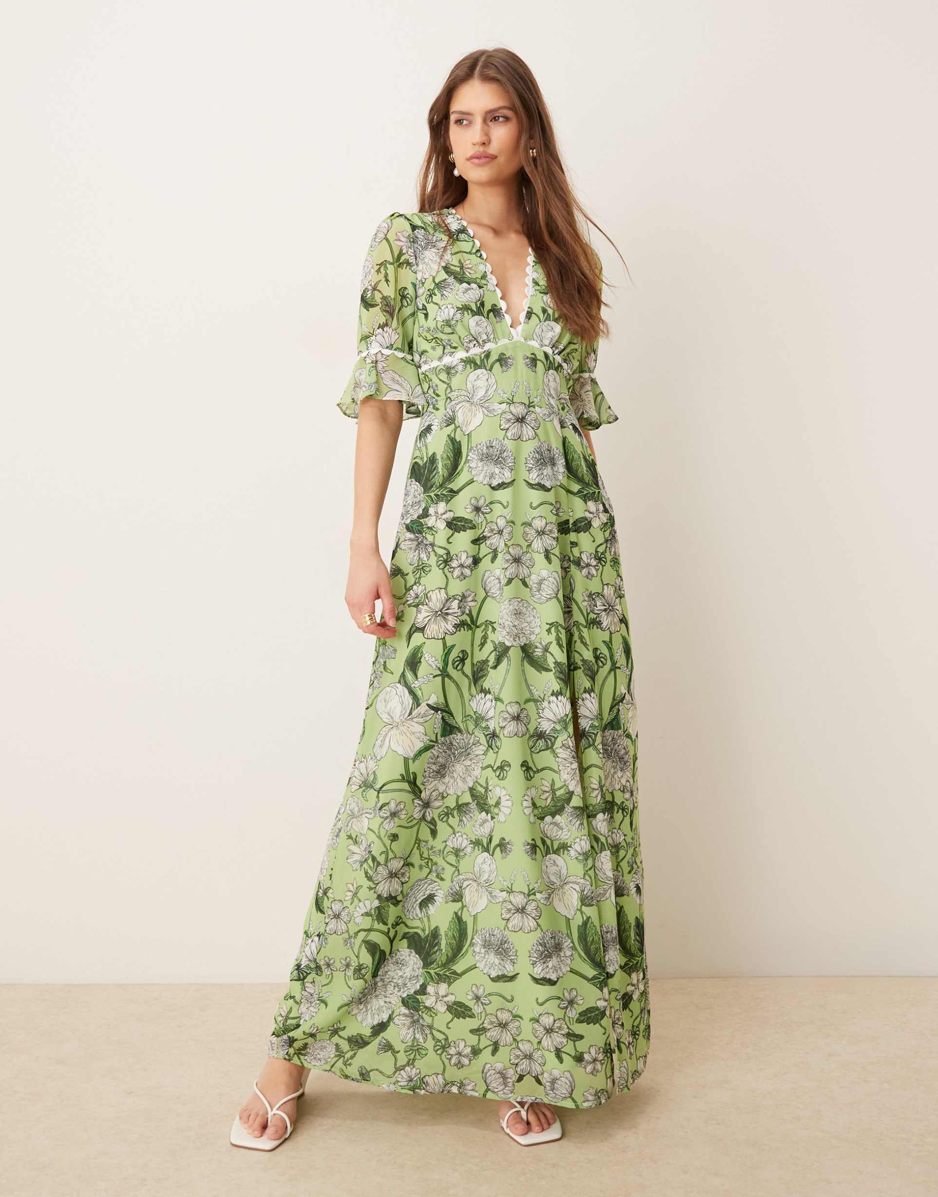 hope & ivy frill sleeve thigh split open back maxi dress in green floral