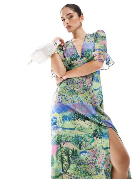 Hope & Ivy frill sleeve thigh split open back maxi dress in green scenic print - view 1